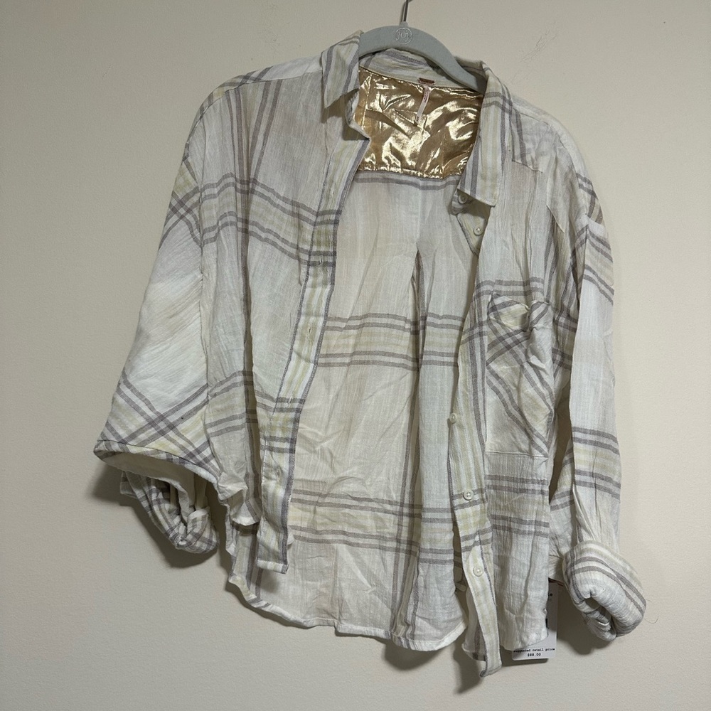 NWT Free People Cutie Plaid Button Front Shirt MED Dolman Batwing Sleeve Ivory